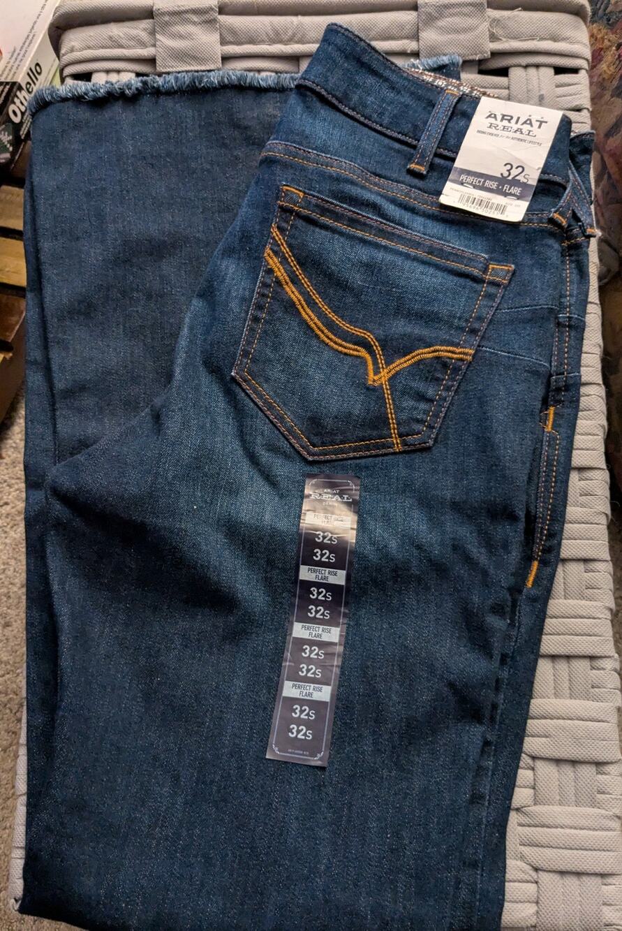 Ariat REAL Perfect Rise Flare Denim Jeans Frayed Hem 32S